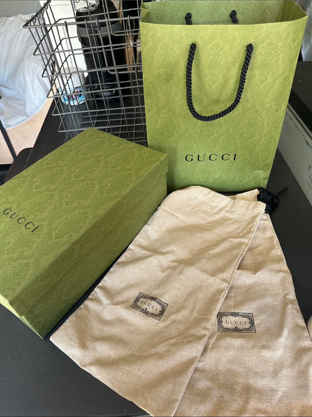 Gucci Olive Green Paisley Gift Bag, Box & Beige Dust Bags
